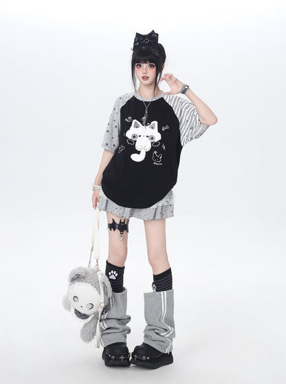 猫モチーフラグランTシャツ