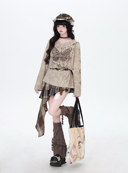 クラッシュ加工 バタフライ柄ロングスリーブT