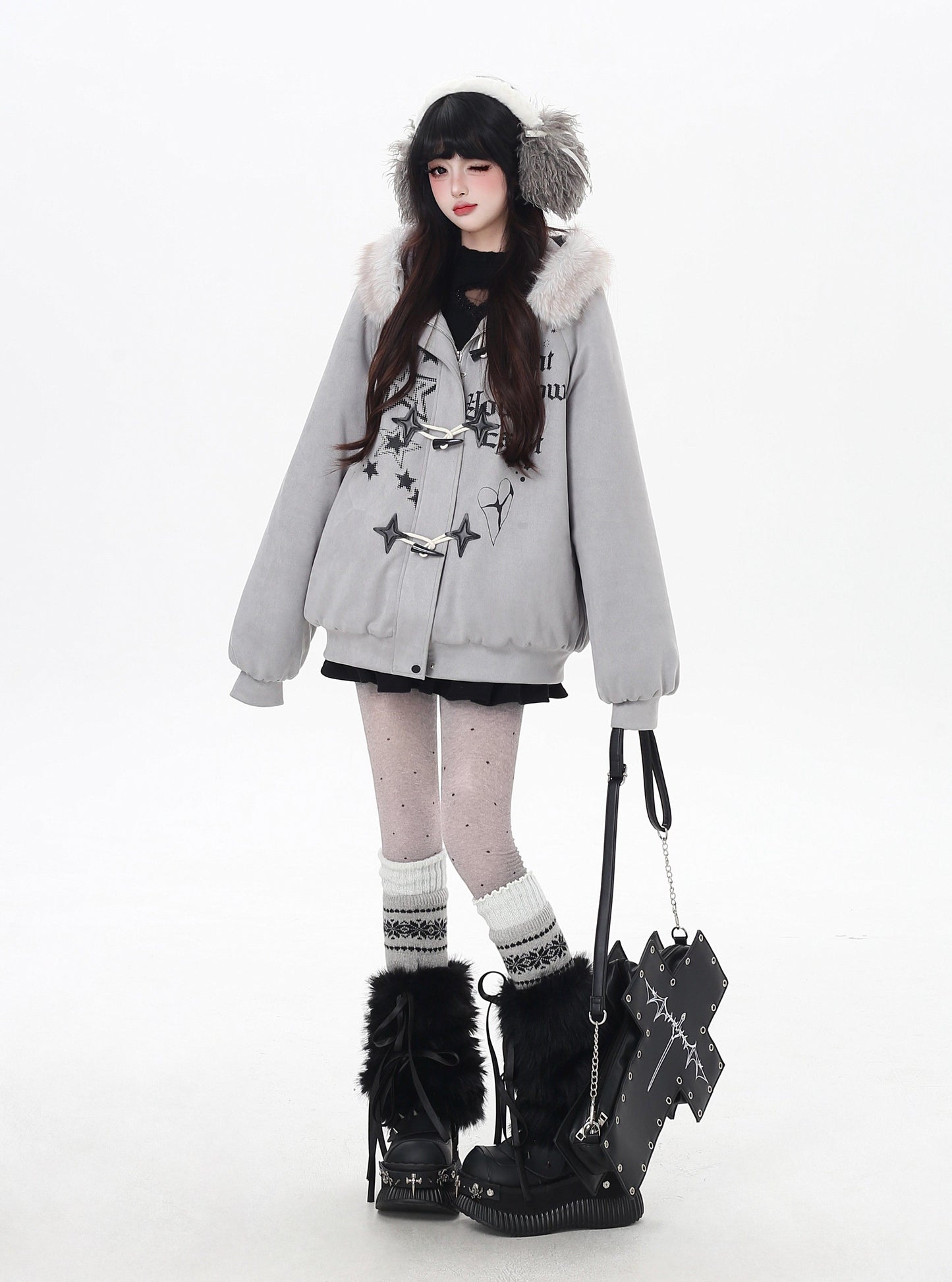 星柄レター×ボア襟取り外し可能 ゆるシルエット中綿ジャケット