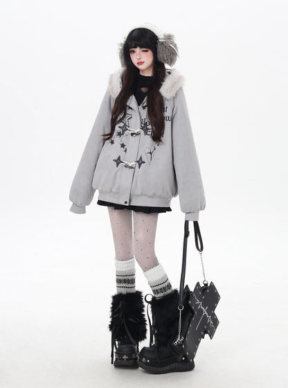 星柄レター×ボア襟取り外し可能 ゆるシルエット中綿ジャケット