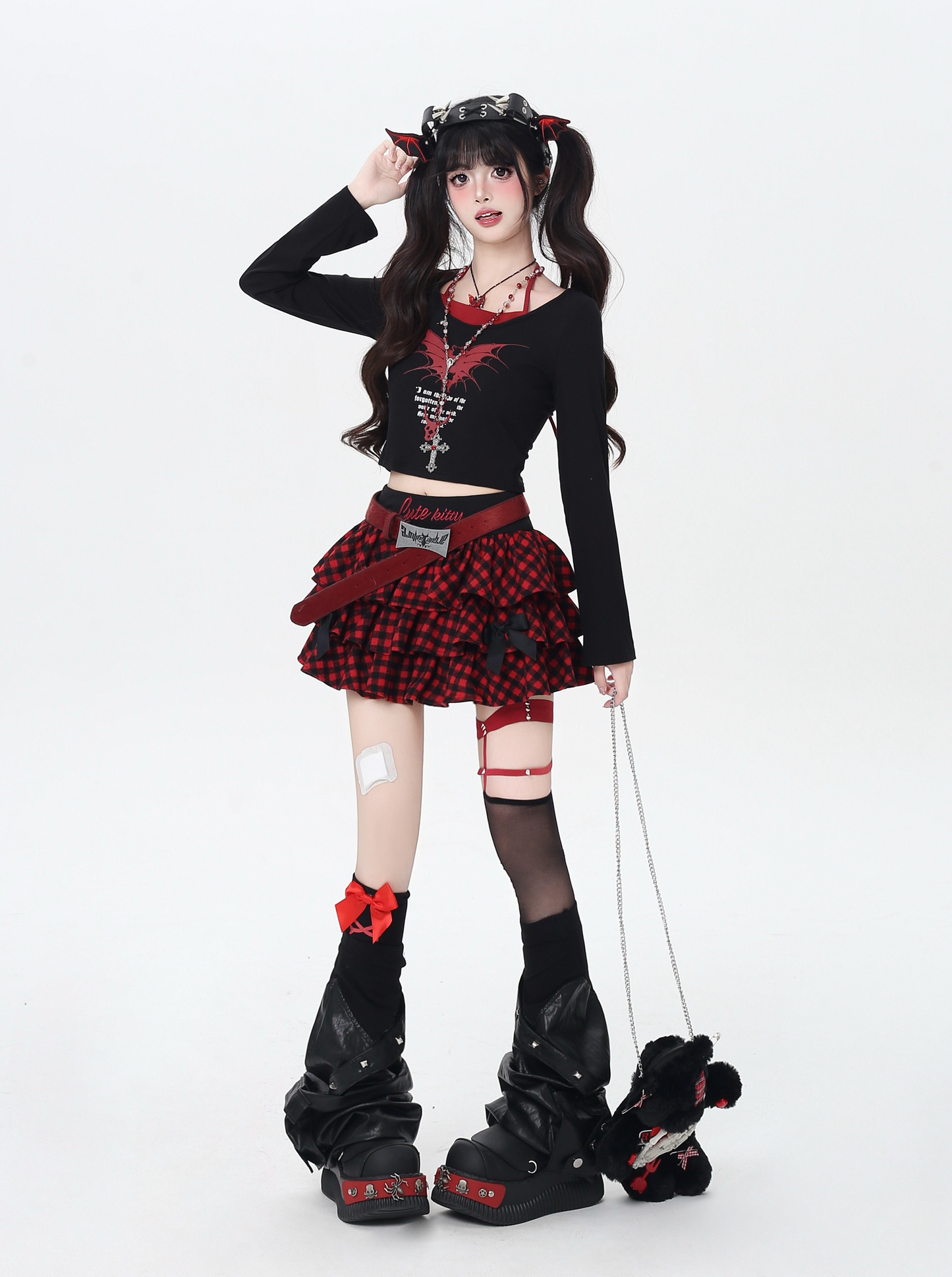 チェック刺繍リボンフレアスカート