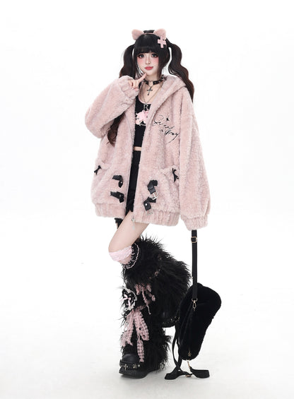 刺繍ねこ耳フード付き厚手ボアジャケット