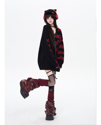 バイカラーストライプVネックニット