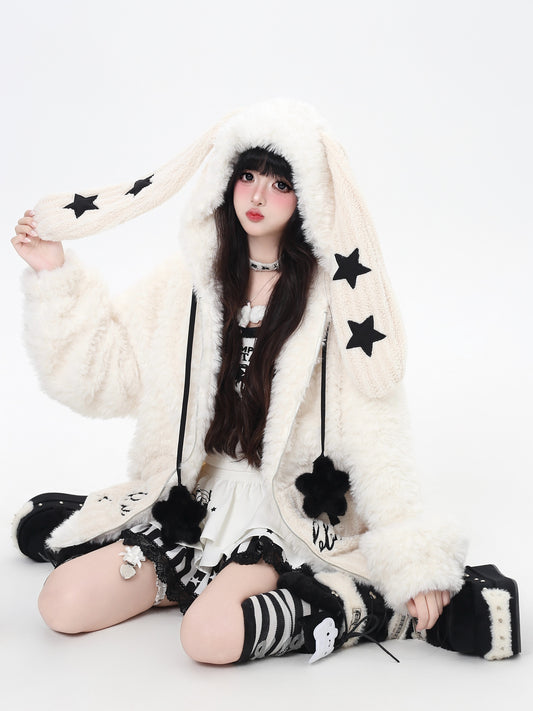 うさ耳フード×星柄ボアジャケット