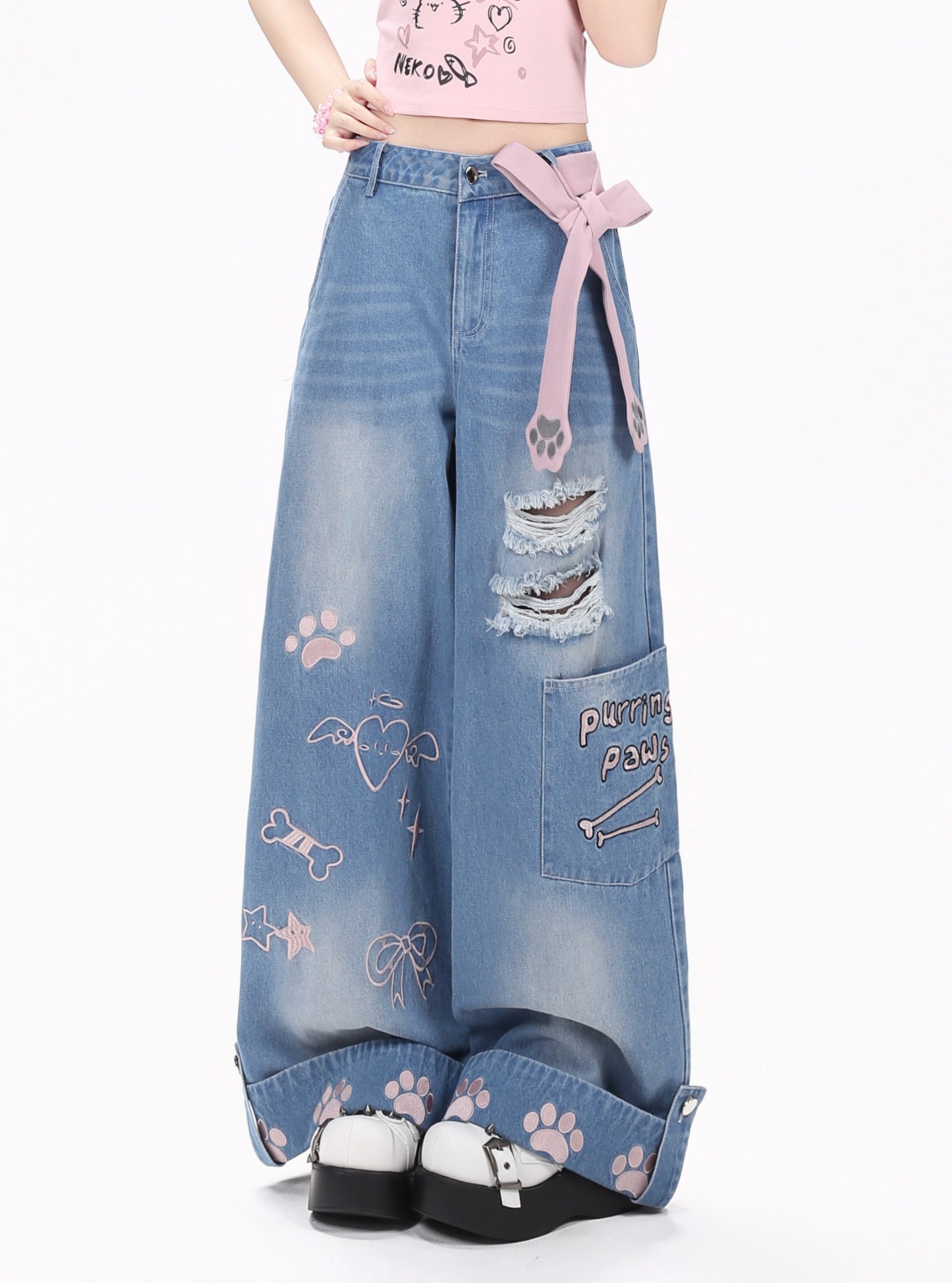 猫刺繍ダメージデニム