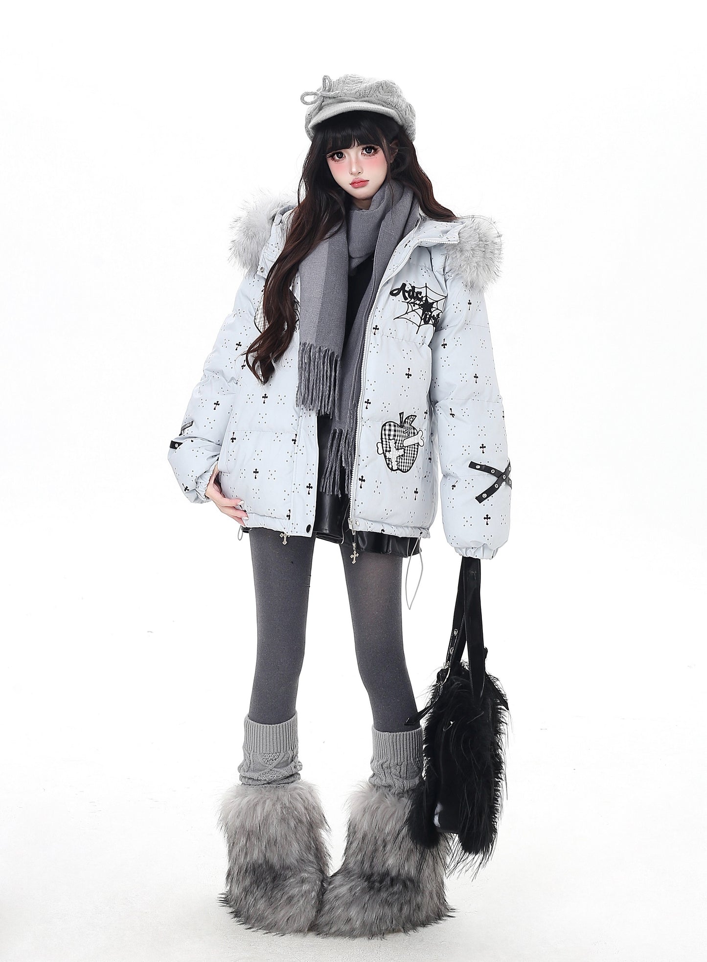 雪柄フード付き取り外し可毛襟コットンジャケット