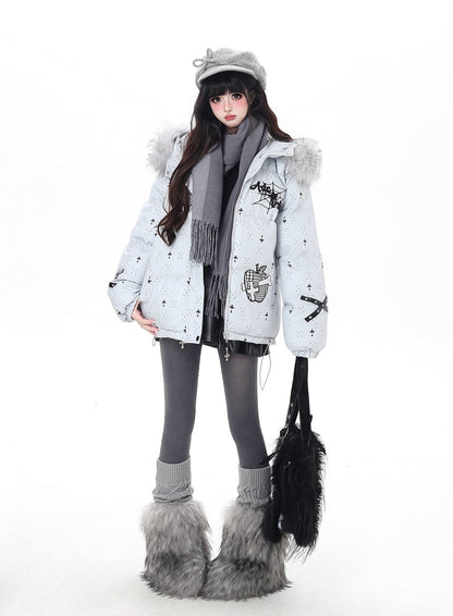 雪柄フード付き取り外し可毛襟コットンジャケット