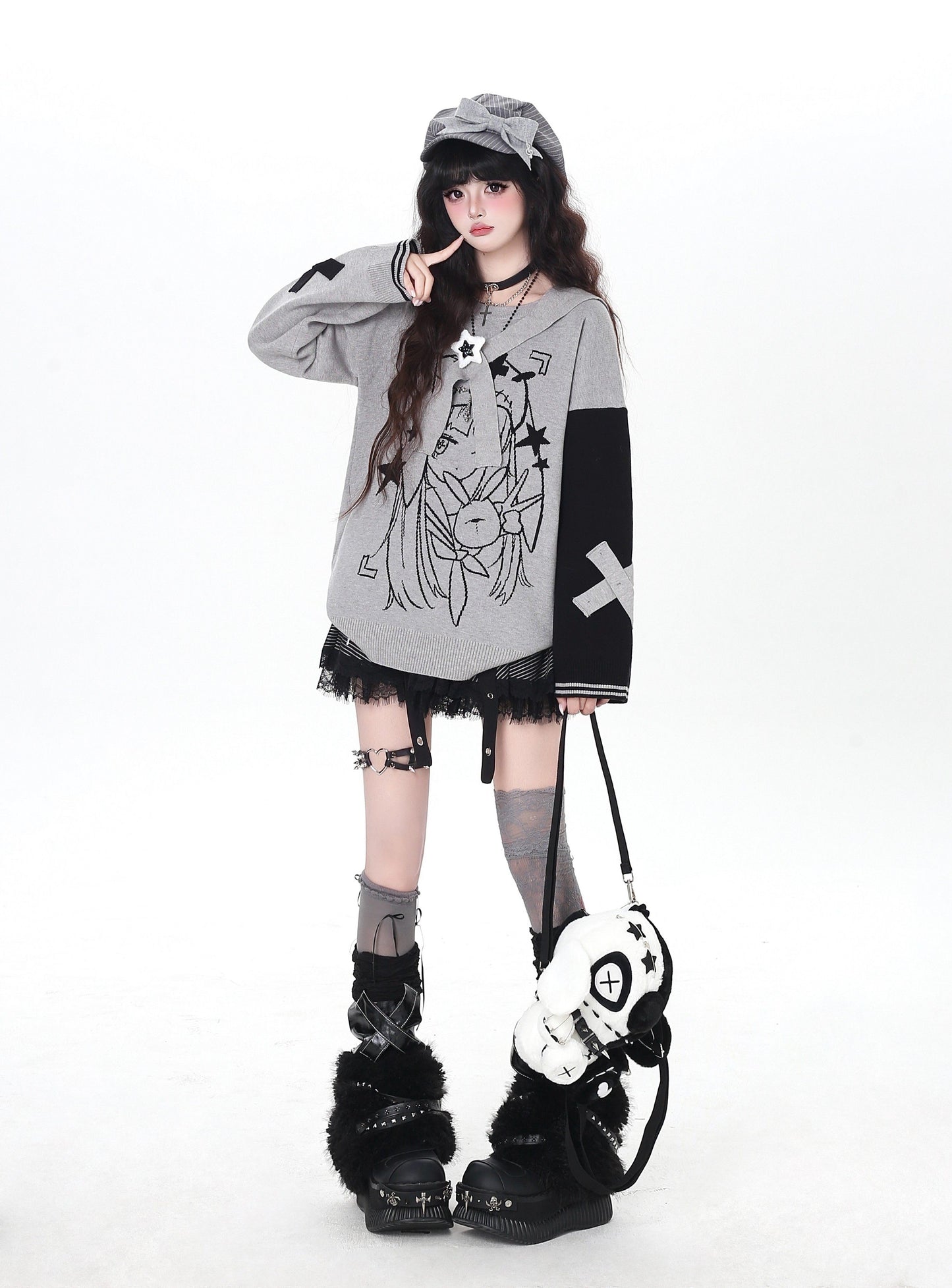 ゴシック サブカル 肩見せイラストプリントニット