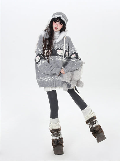 フェアアイル 猫モチーフ ニットフーディー