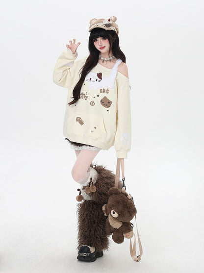 猫柄ふわもこオフショルスウェット