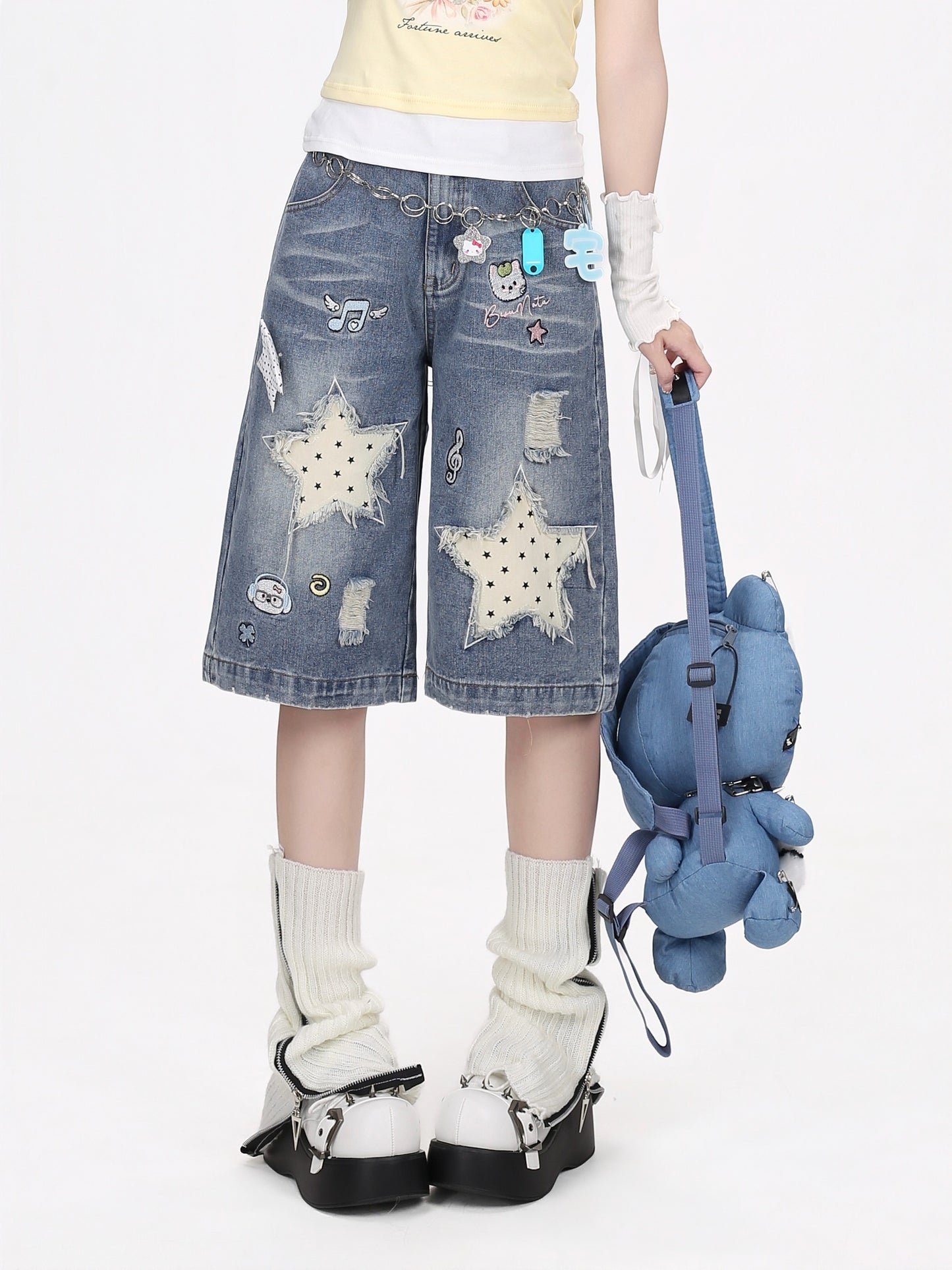 星柄ダメージワイドハーフパンツ