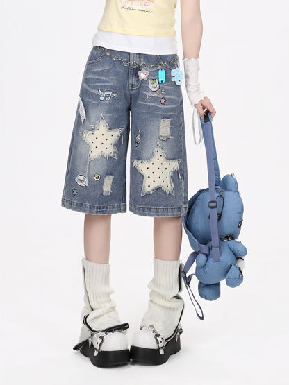 星柄ダメージワイドハーフパンツ