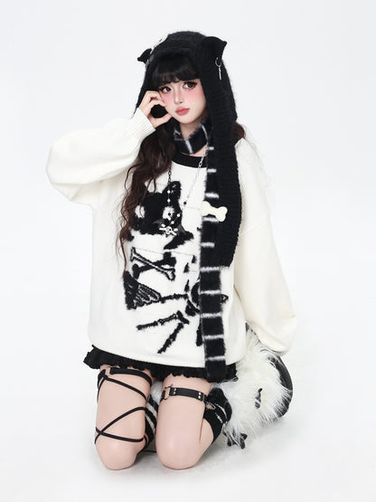白黒ねこモチーフ ルーズニットプルオーバー｜秋冬ゆるサブカル