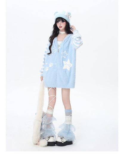 星柄ボーダーVネックフーディーニットカーデ