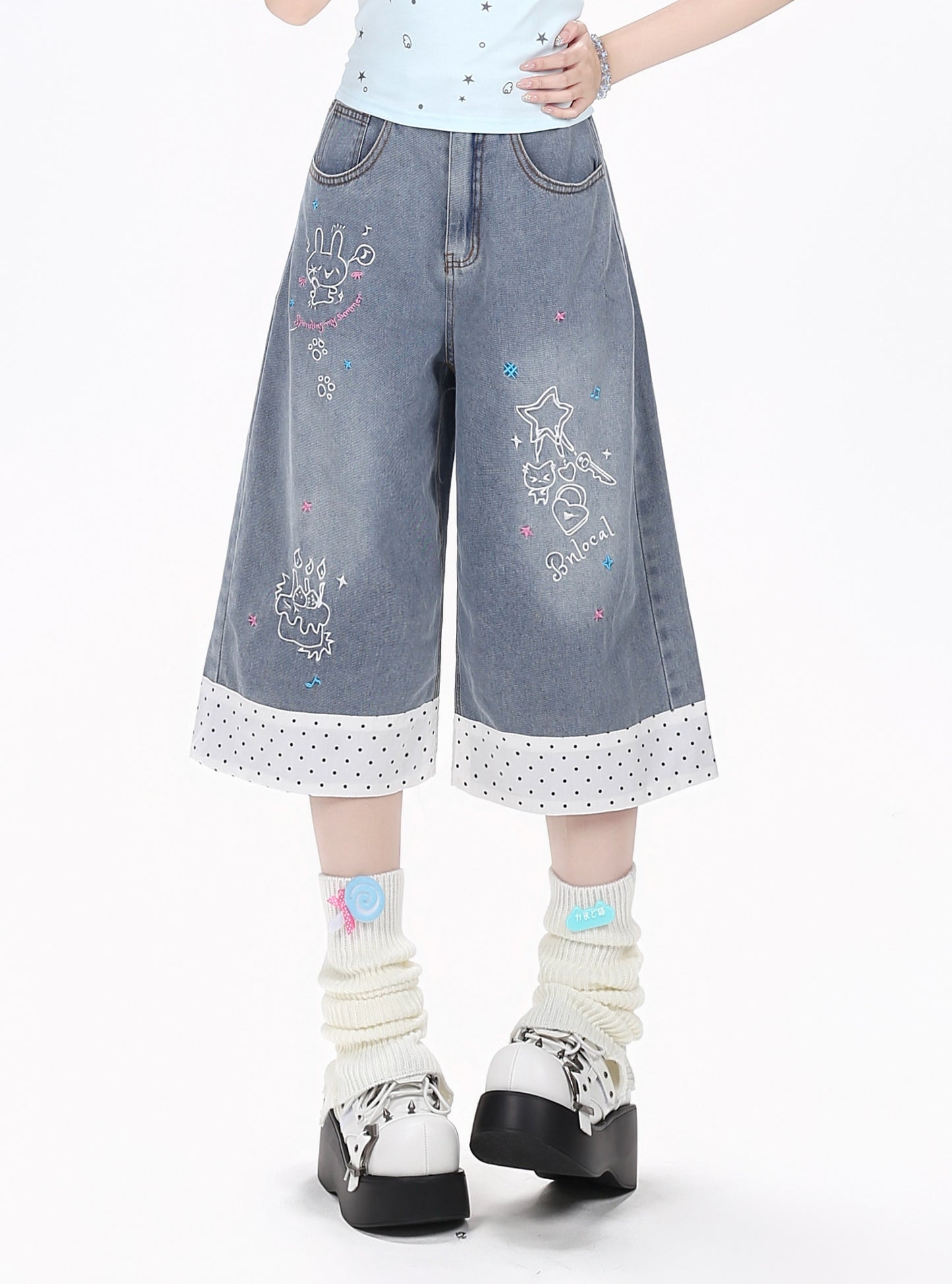 うさぎ刺繍デニムハーフパンツ