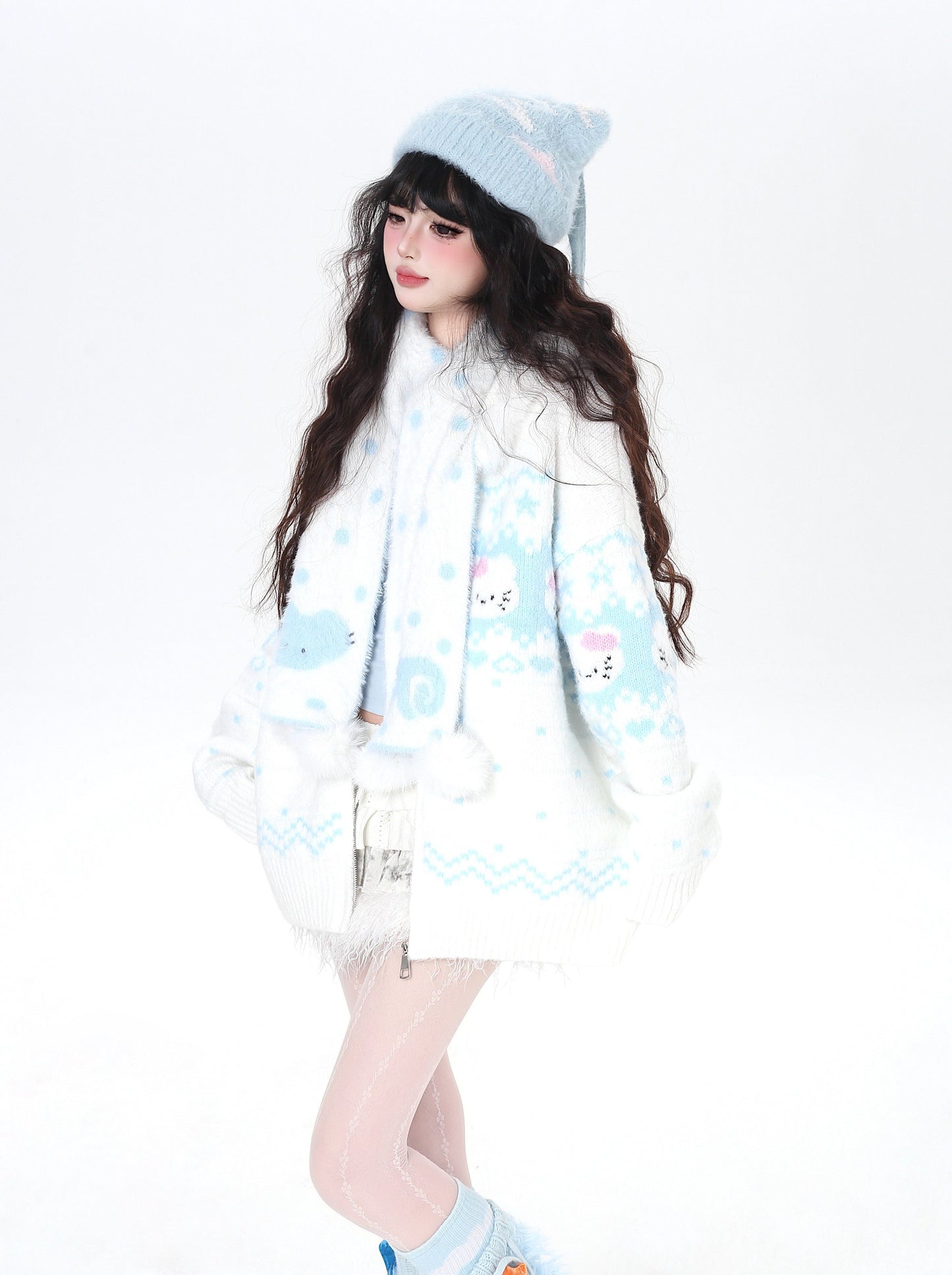 フェアアイル 猫モチーフ ニットフーディー