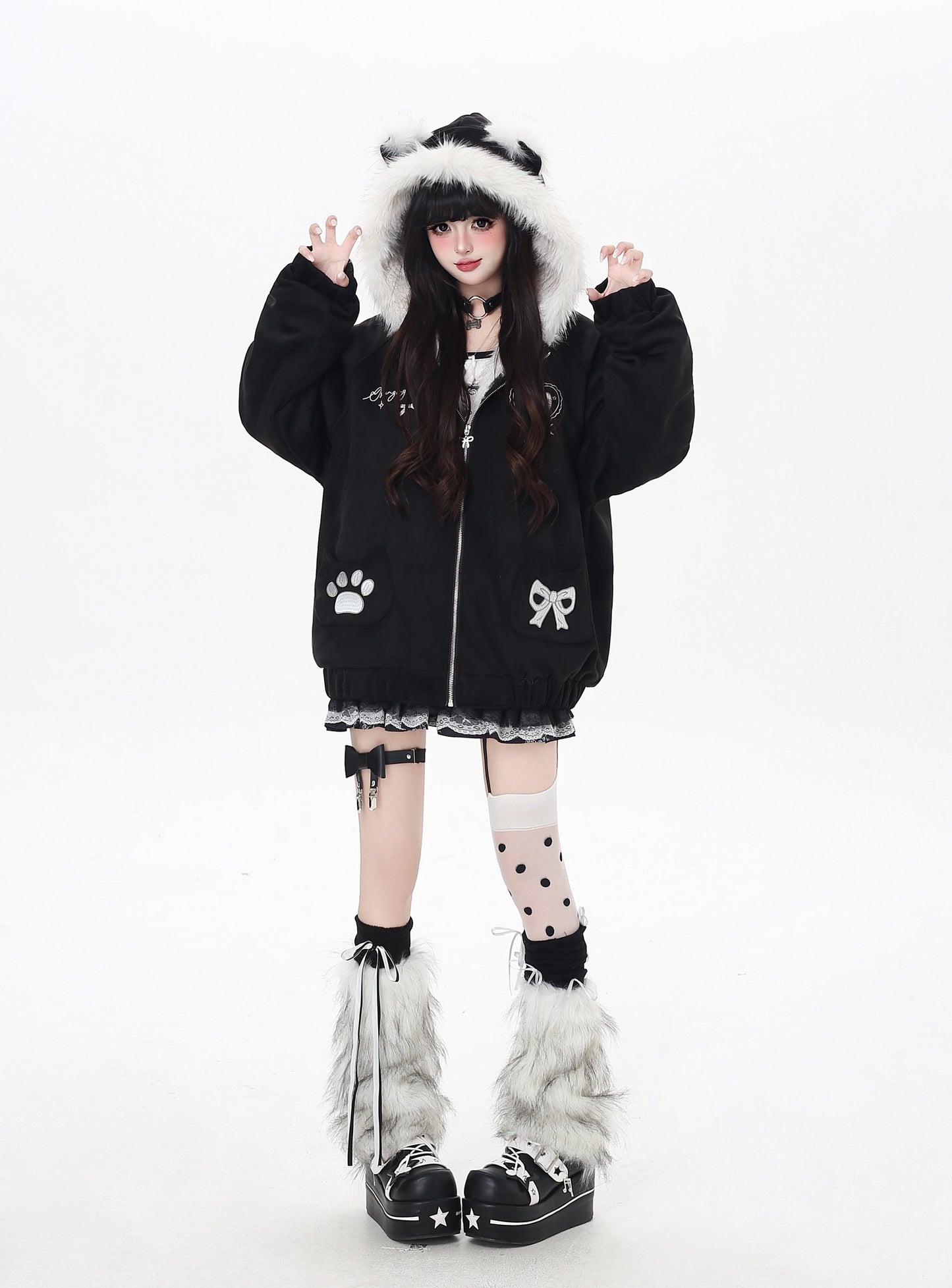 ねこ耳フード付きボアコットンジャケットコーデ