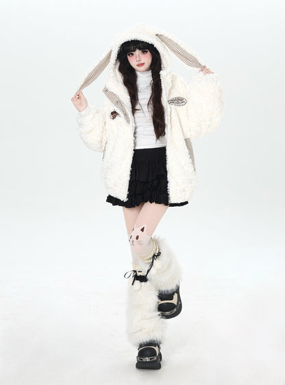 うさ耳＆刺繍入り チェック切替ボアジャケット