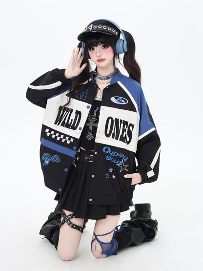 ストリート復古パッチワーク×ライダーズスタジャン（取り外し可能）