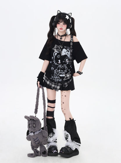 ネコ柄×チェック肩あきTシャツ