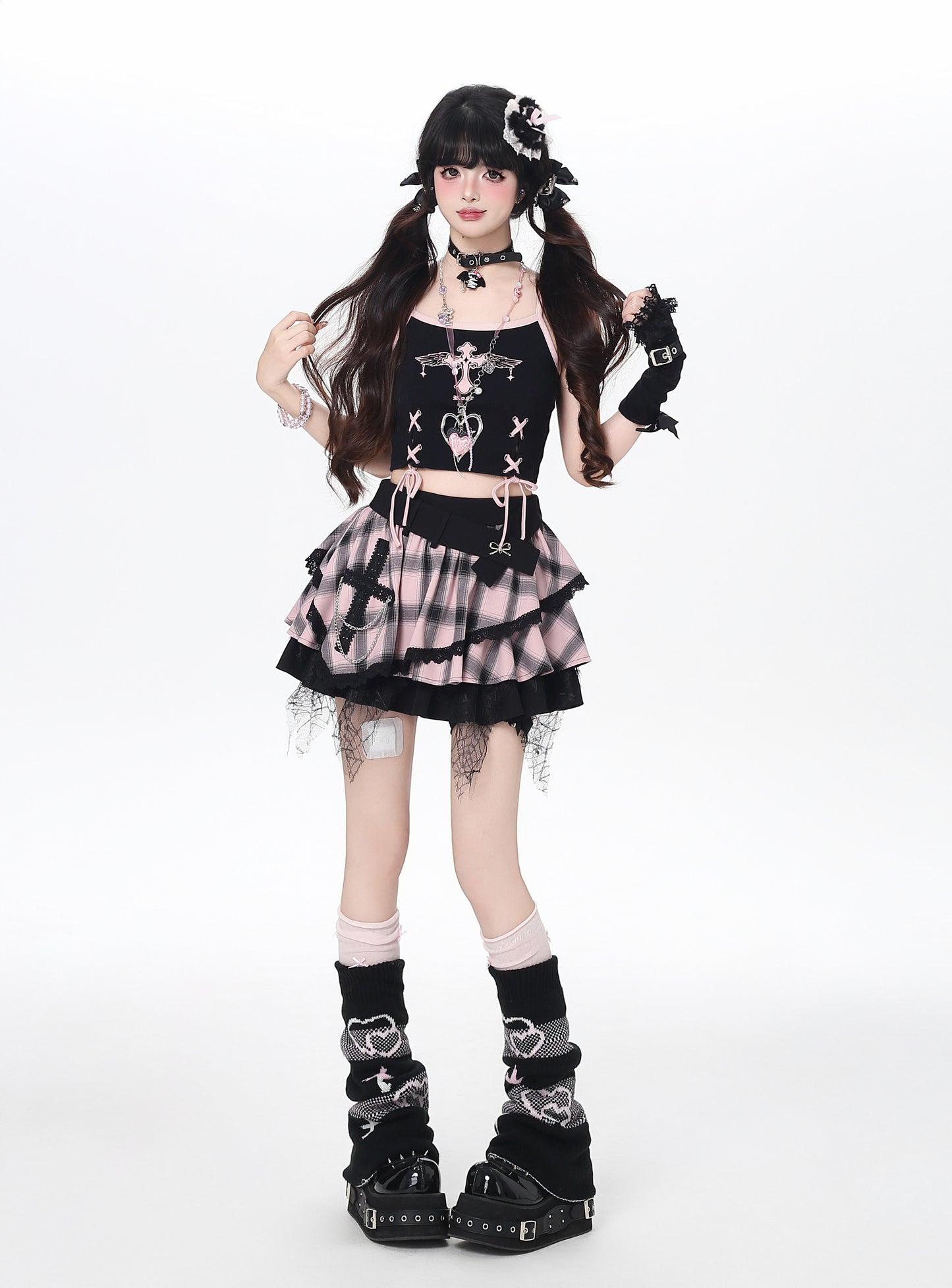 ドット×チェックふんわりティアードスカート