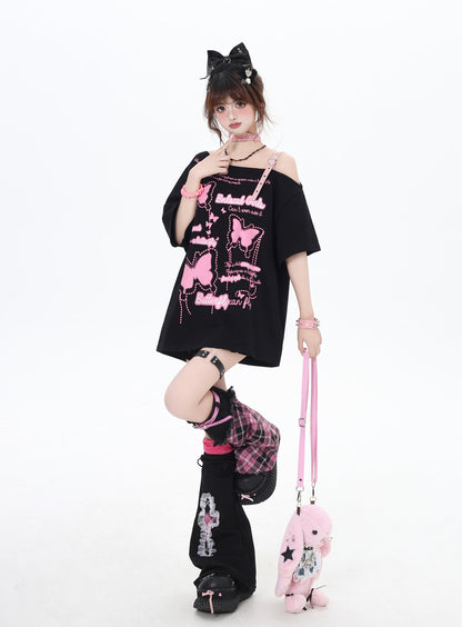 蝶々モチーフオフショルダーTシャツ