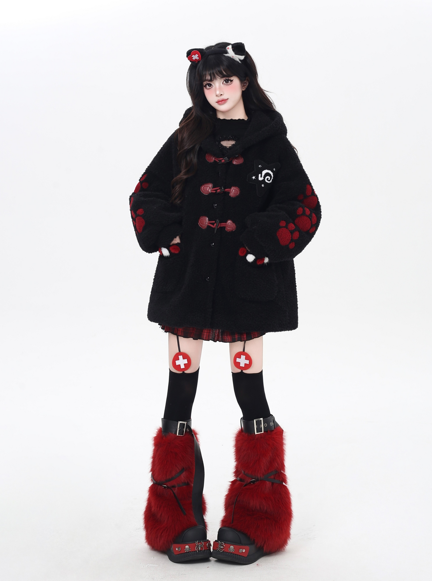 キャットモチーフ刺繍フードボアジャケット