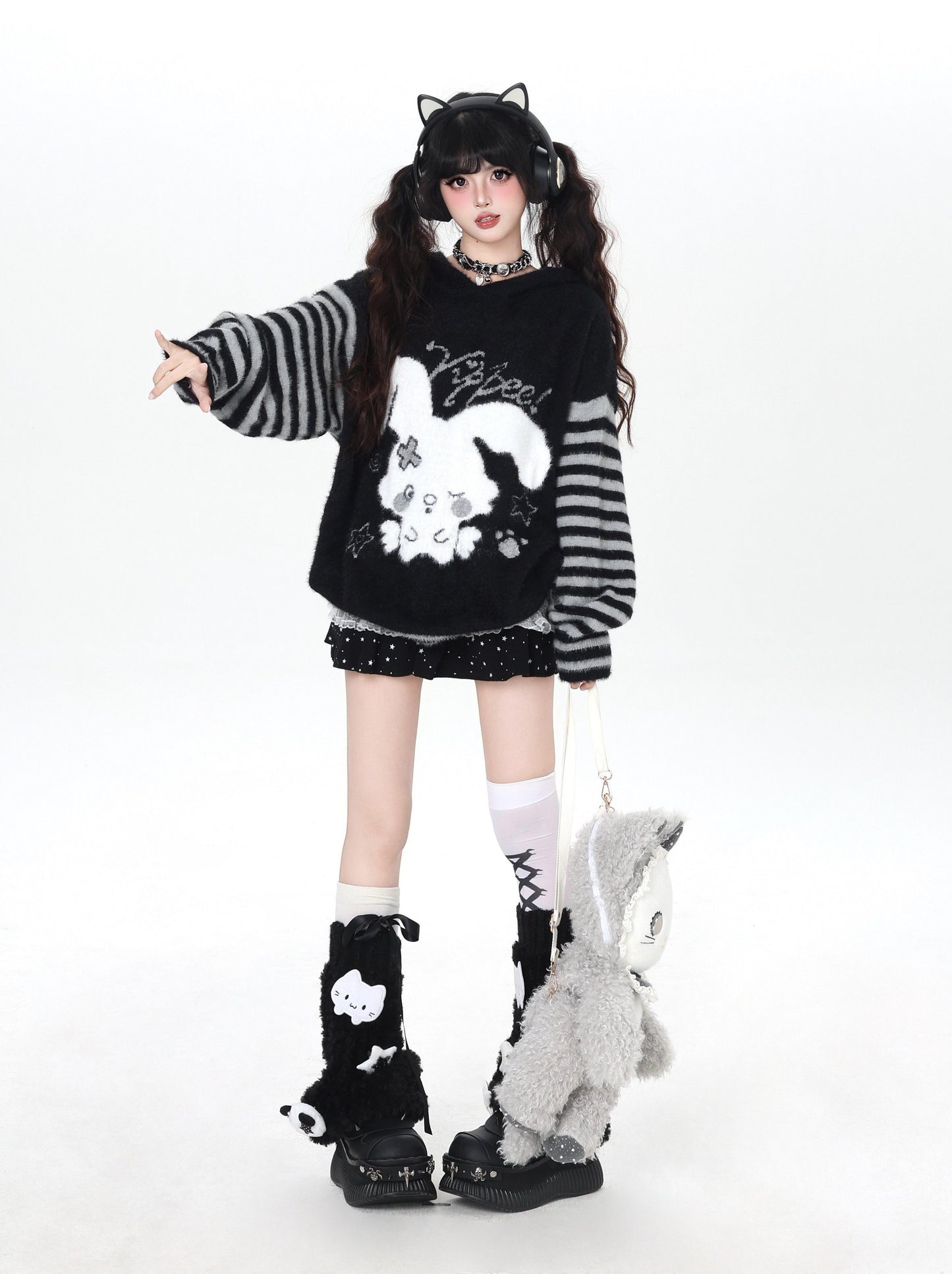 うさ耳フード入り ボーダーゆるニット