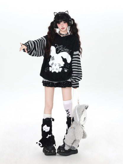 うさ耳フード入り ボーダーゆるニット