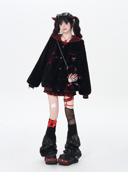 チェックセーラー襟ボアジャケット