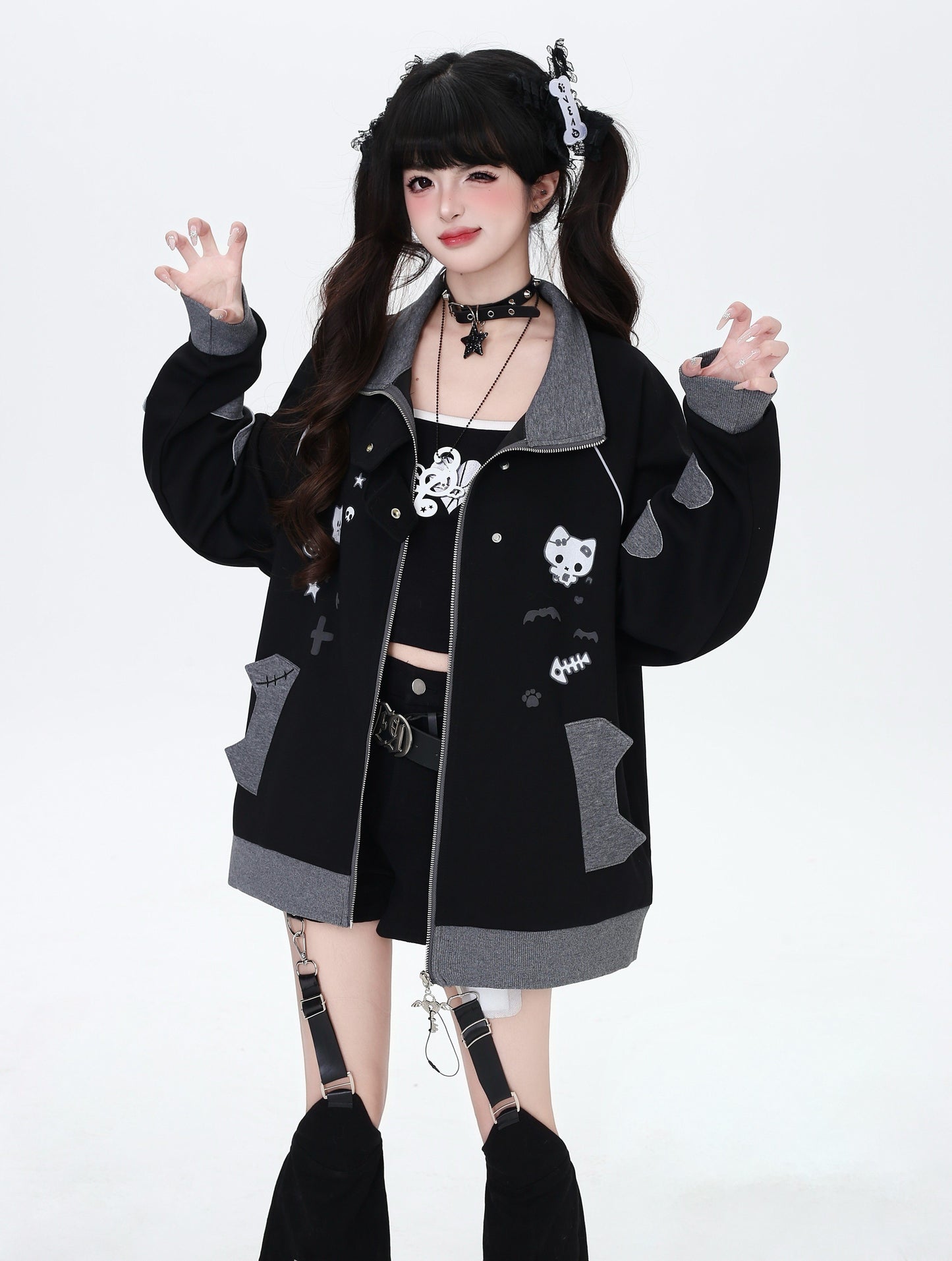 ねこ刺繍×スター柄 ラグランブルゾン