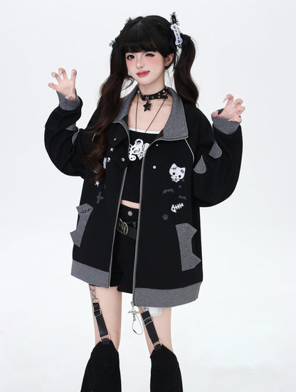 ねこ刺繍×スター柄 ラグランブルゾン