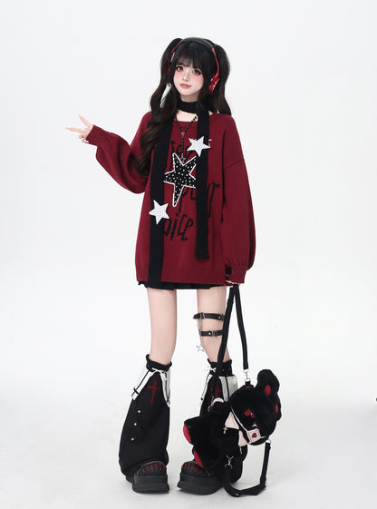 ドット×星柄 Y2K 甘辛オーバーサイズニット 個性派