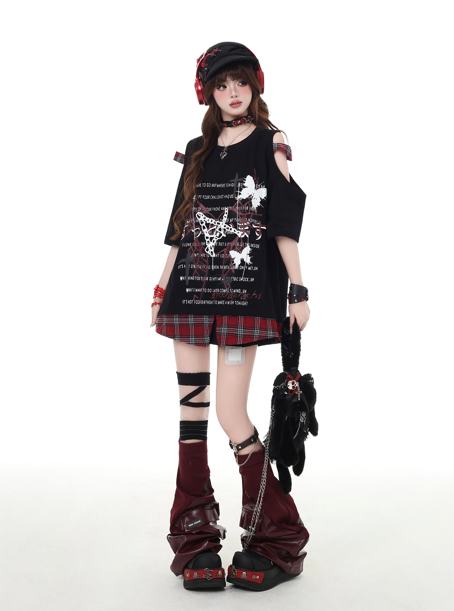パンク風チェック柄オープンショルダーゆったりTシャツ
