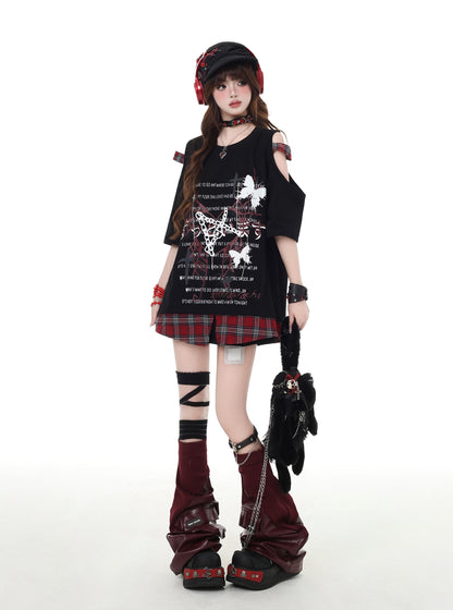 パンク風チェック柄オープンショルダーゆったりTシャツ