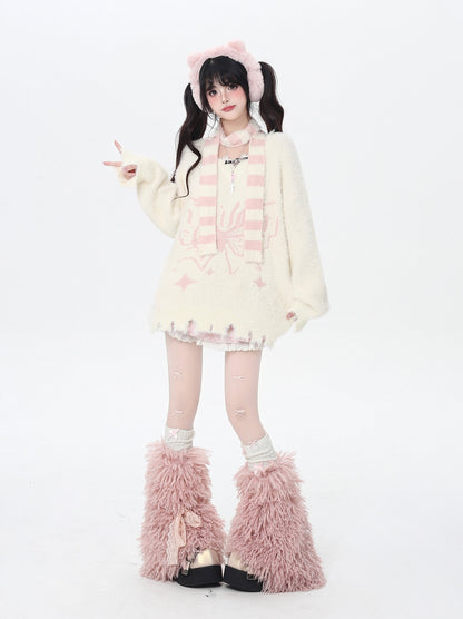 Vネック蝶モチーフふわもこニット＋マフラー