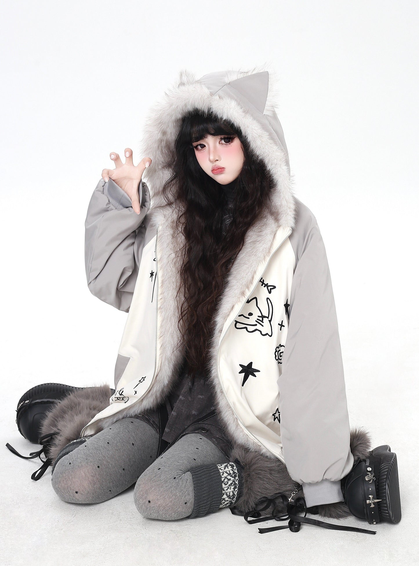 猫耳刺繍 ボリューム中綿アウター