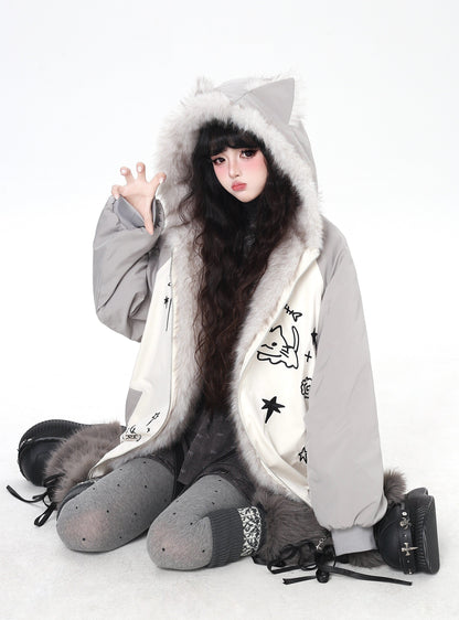 猫耳刺繍 ボリューム中綿アウター