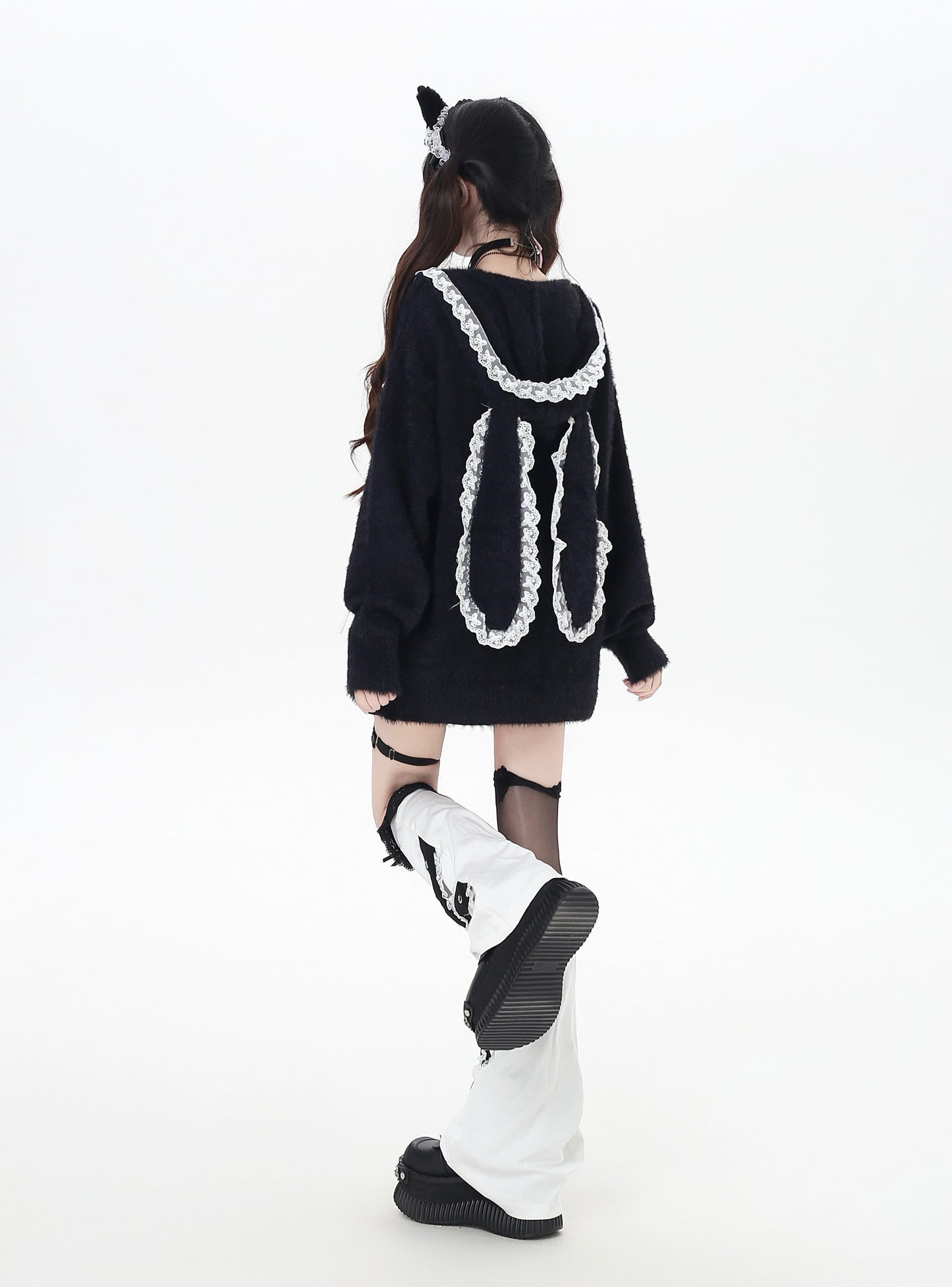 うさ耳レースフード付きニットカーデ