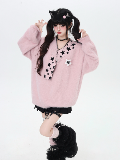 星モチーフフェイクファー重ね着風ニット