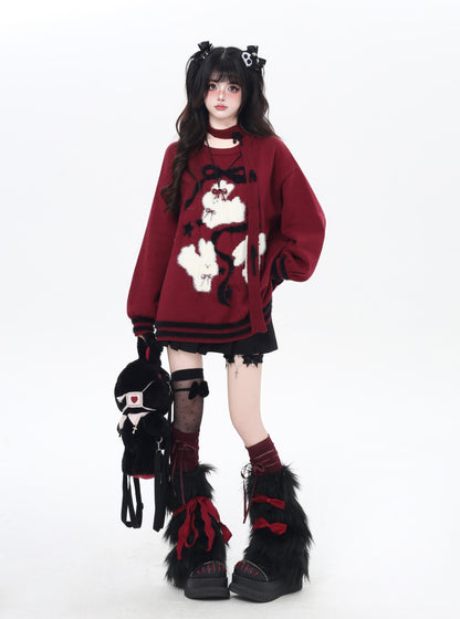 ゆる地雷 うさみみ×リボン ニットセーター 秋冬 オーバーサイズ 量産型 Y2Kコーデ