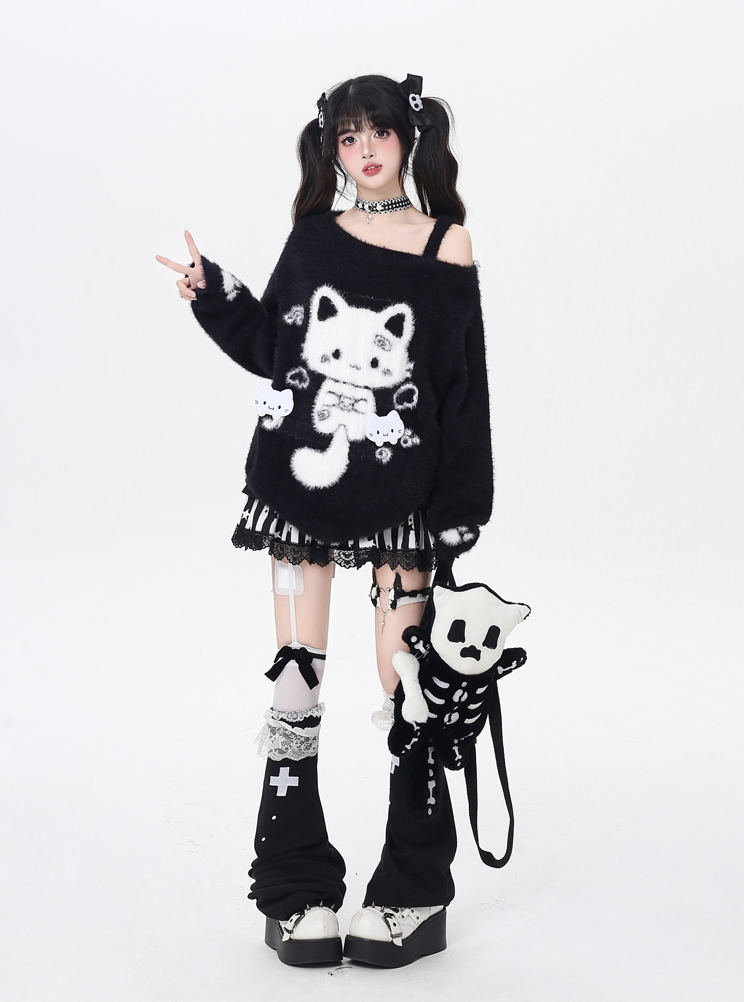 キャットモチーフアシメオフショルニット