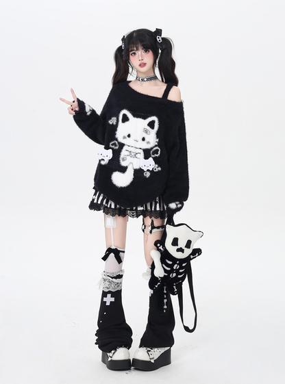 キャットモチーフアシメオフショルニット