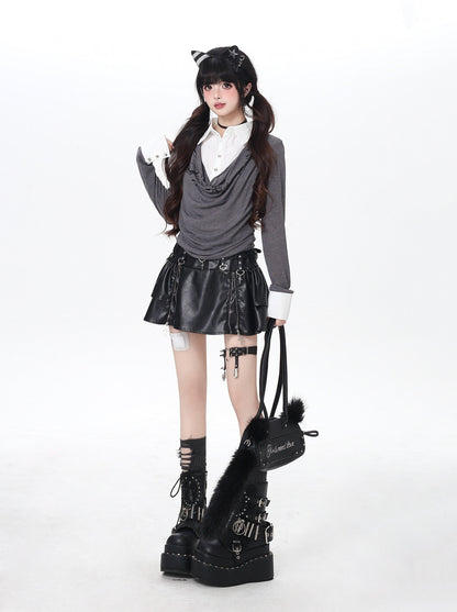 ポロ風レイヤードトップス｜韓国ガーリー・細見え