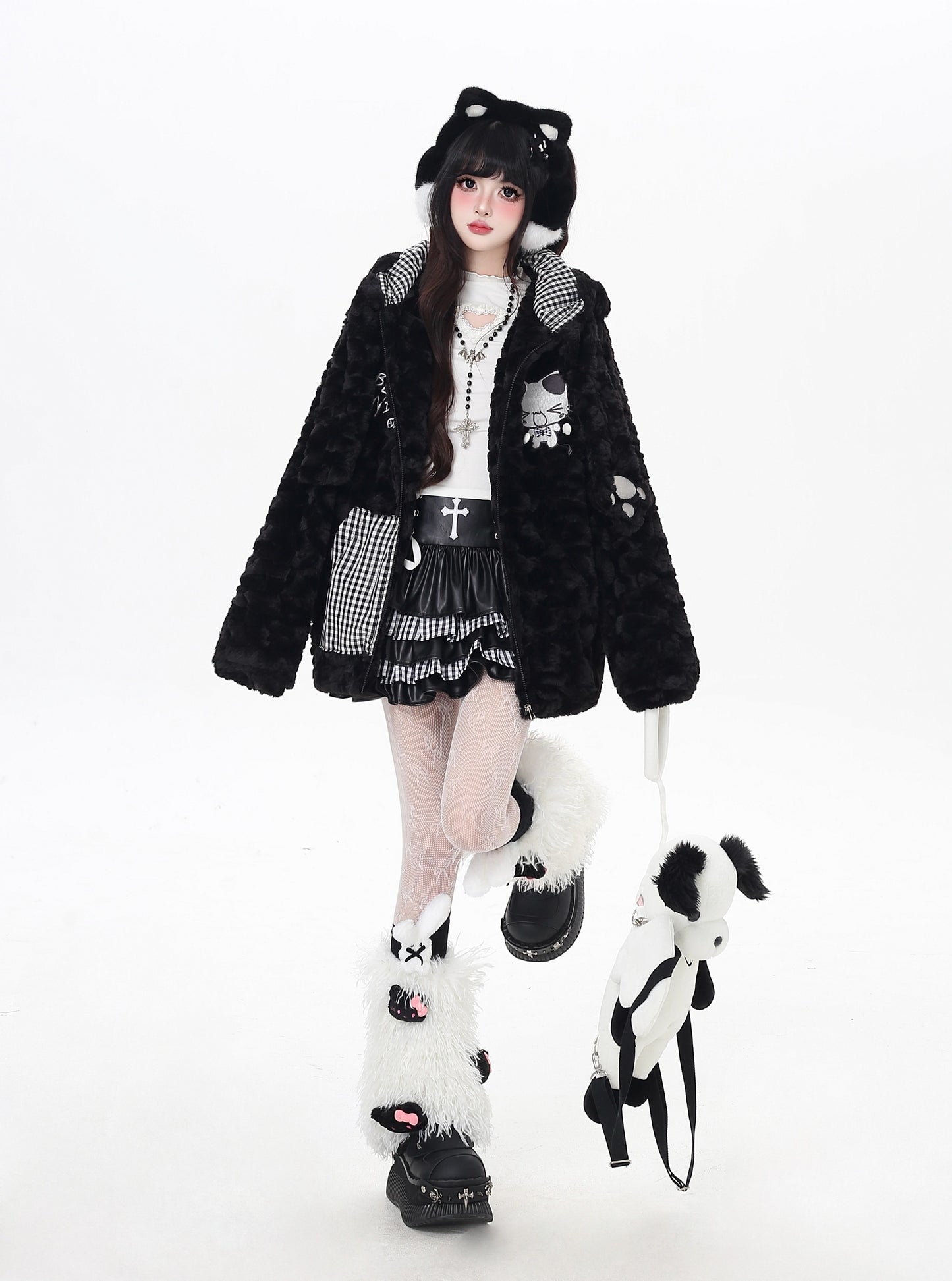 ねこモチーフチェックフード付きボアジャケット