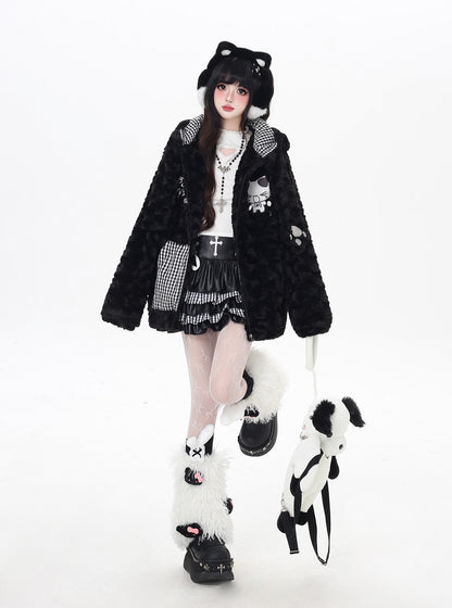 ねこモチーフチェックフード付きボアジャケット