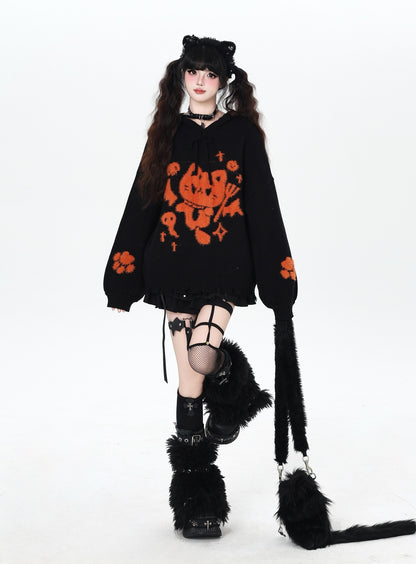 ねこモチーフ フード付きルーズニット｜黒×グレー サブカル