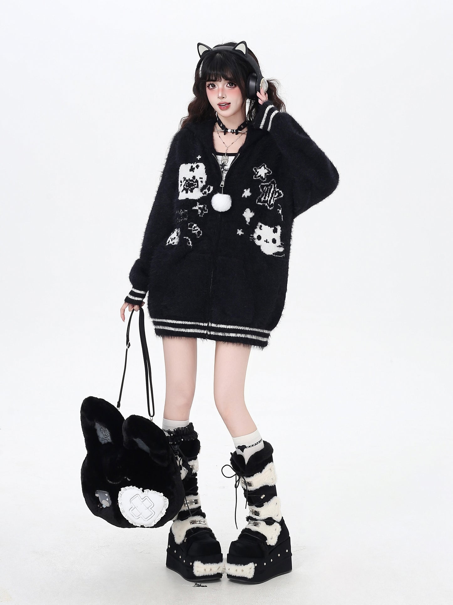 うさ耳フーディー付きゆるカワカーディガン秋冬