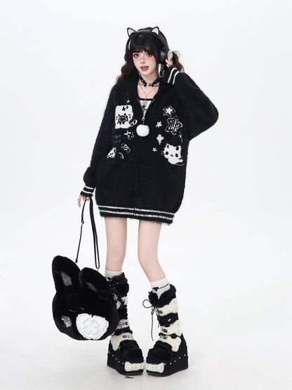 うさ耳フーディー付きゆるカワカーディガン秋冬