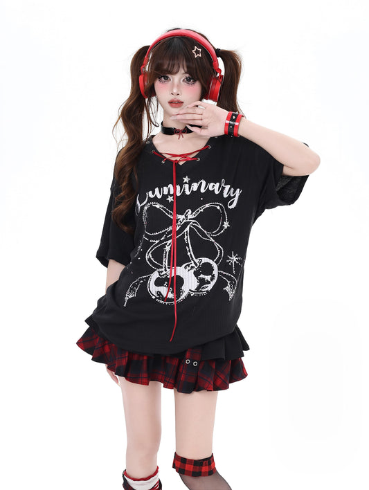 リゾート風リボンVネックゆるTシャツ
